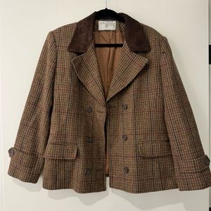 Vintage Plaid Wool Coat with Leather Collar Oversized Jacket